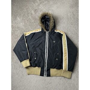 Womens Jacket Southpole Black Gold Hooded Faux Fur Trim Urban Style, Size 3XL